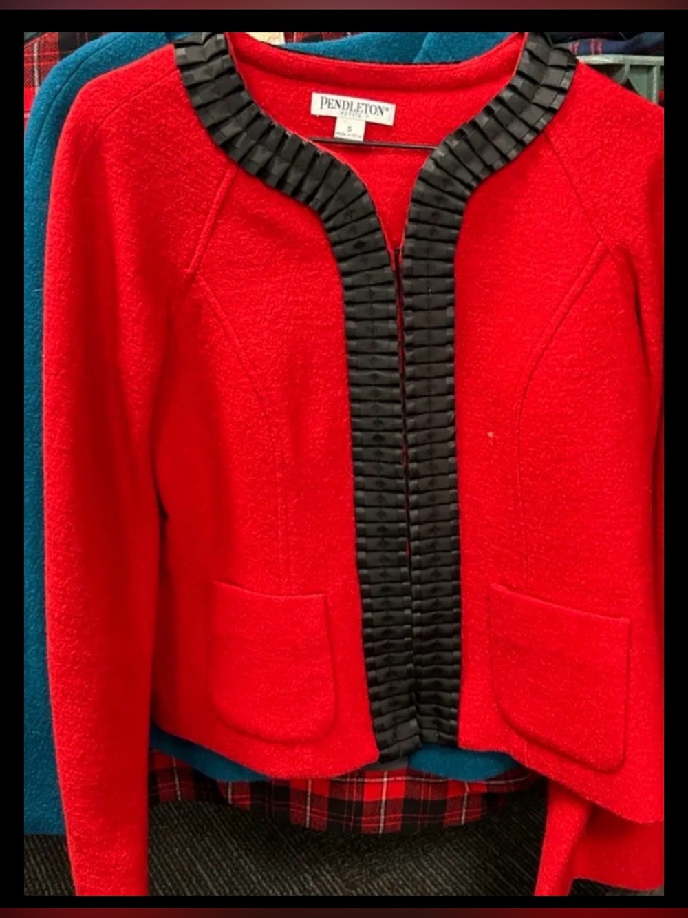 Pendleton Red Wool Jacket with Black Pleated Trim
